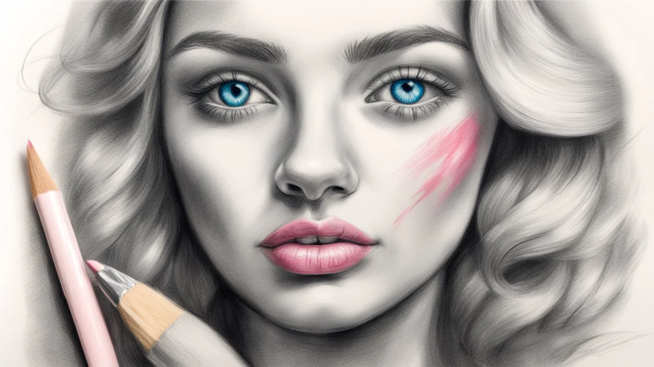 the artist's hand draws a portrait of a blonde woman, charcoal, pencil, pink lips, blue eyes, fine drawing, hand with a brush