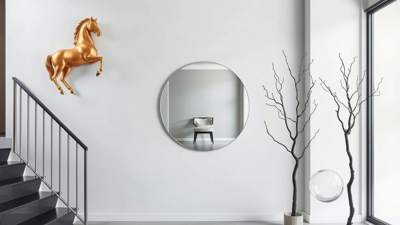 The image depicts a modern, minimalist interior space featuring a staircase on the left. A shiny, golden horse sculpture is mounted on the wall. In the center, there is a circular mirror reflecting a room with a chair. To the right, a slender, leafless tree sculpture and a transparent, abstract orb complete the contemporary aesthetic. The color scheme includes cool tones, enhancing the sleek and artistic ambiance.