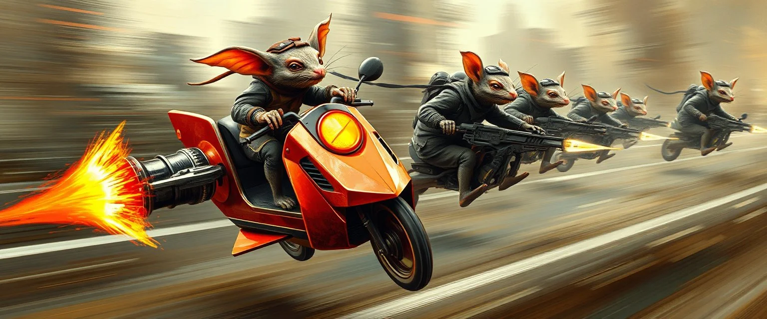 hi speed rocket ship on leaning scooter in a swing, coated rat gremlin captain in high speed pursuit among neon spy vs spy rat cyber soldiers, with background motion blur, airbrush and pen outline, in the style of Rembrandt