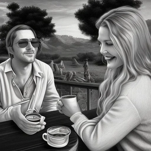 Me having coffee with a happy Drew Barrymore