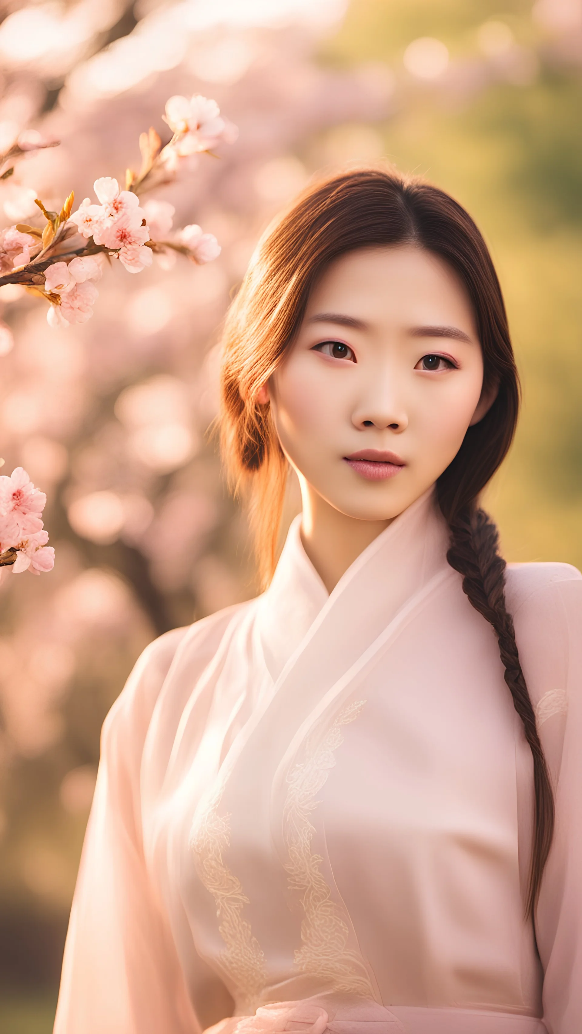 Gorgeous Chinese woman, clear facial features, blooming, colourful orchard on the background, sunset light, f/1.8, 35mm, Canon DSRL 5 Lens, cinematic lightning