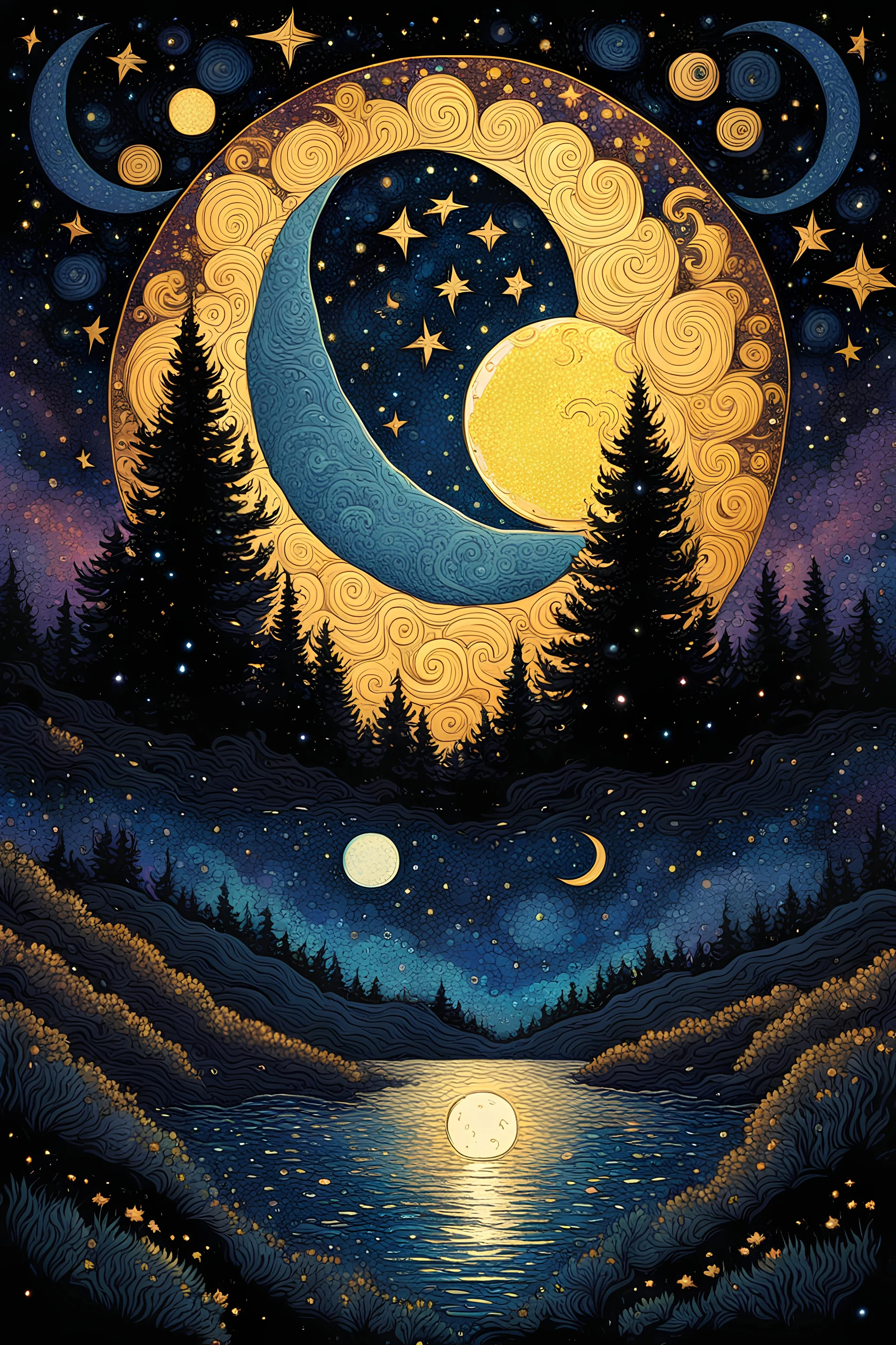 a sun and a moon gaze across the nebula sky with deep longing for each other, they are in love; glitter, stars, luminous color sparkles, highly detailed comic art; starry night, in the style of James R. Eads
