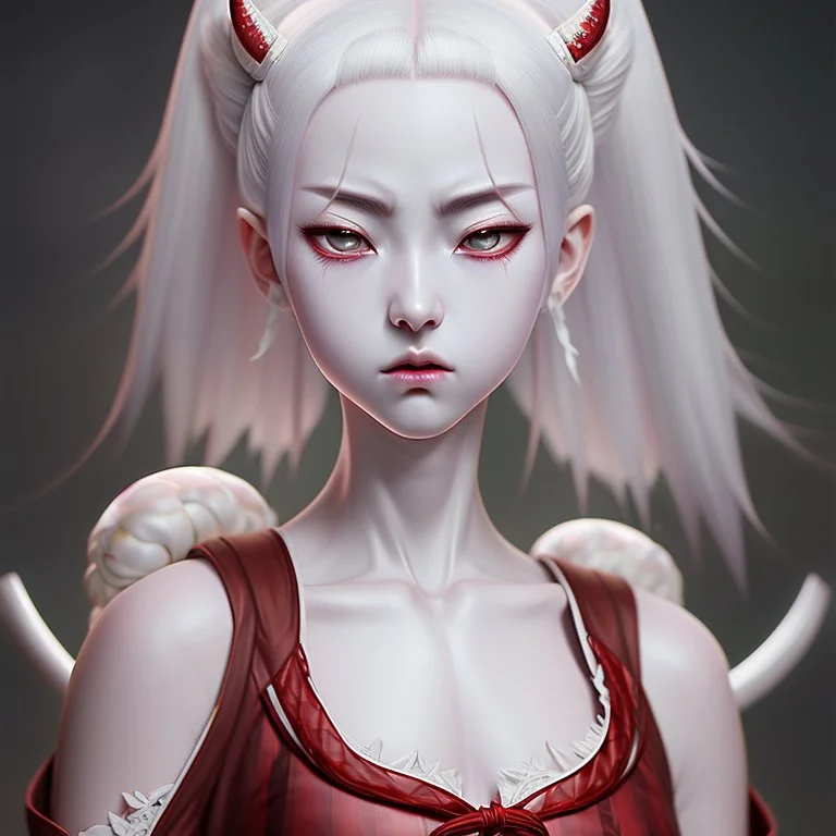 UHD, hd, 8k, hyperrealism, Very detailed, zoomed out view, full character in view, white hair female demon character wearing a hanbok with a white top and long red bottom, she holds a katana in her right hand, she stands in front of a Japanese style palace digital art, anime, full details