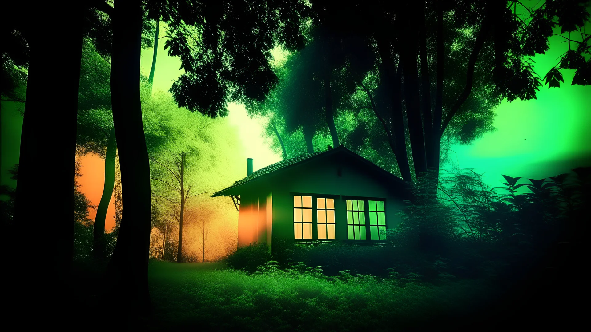 70s, A tranquil jungle environment at dusk, showcasing a silhouetted house surrounded by dark Nim trees, with soft hints of light from the windows and fireflies dancing in the air., split gradient colors background, dramatic dutch light, style photography, analog style, vintage colors, xprocess