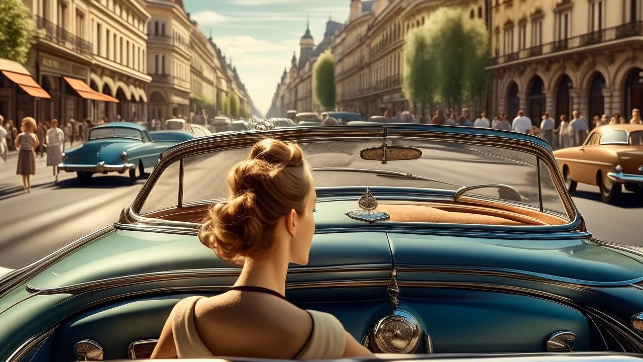 A woman in the foreground seen from the back seat is sitting behind the wheel of a vintage convertible car, looking through the windshield at a busy street scene of an old European city with people and buildings in the background