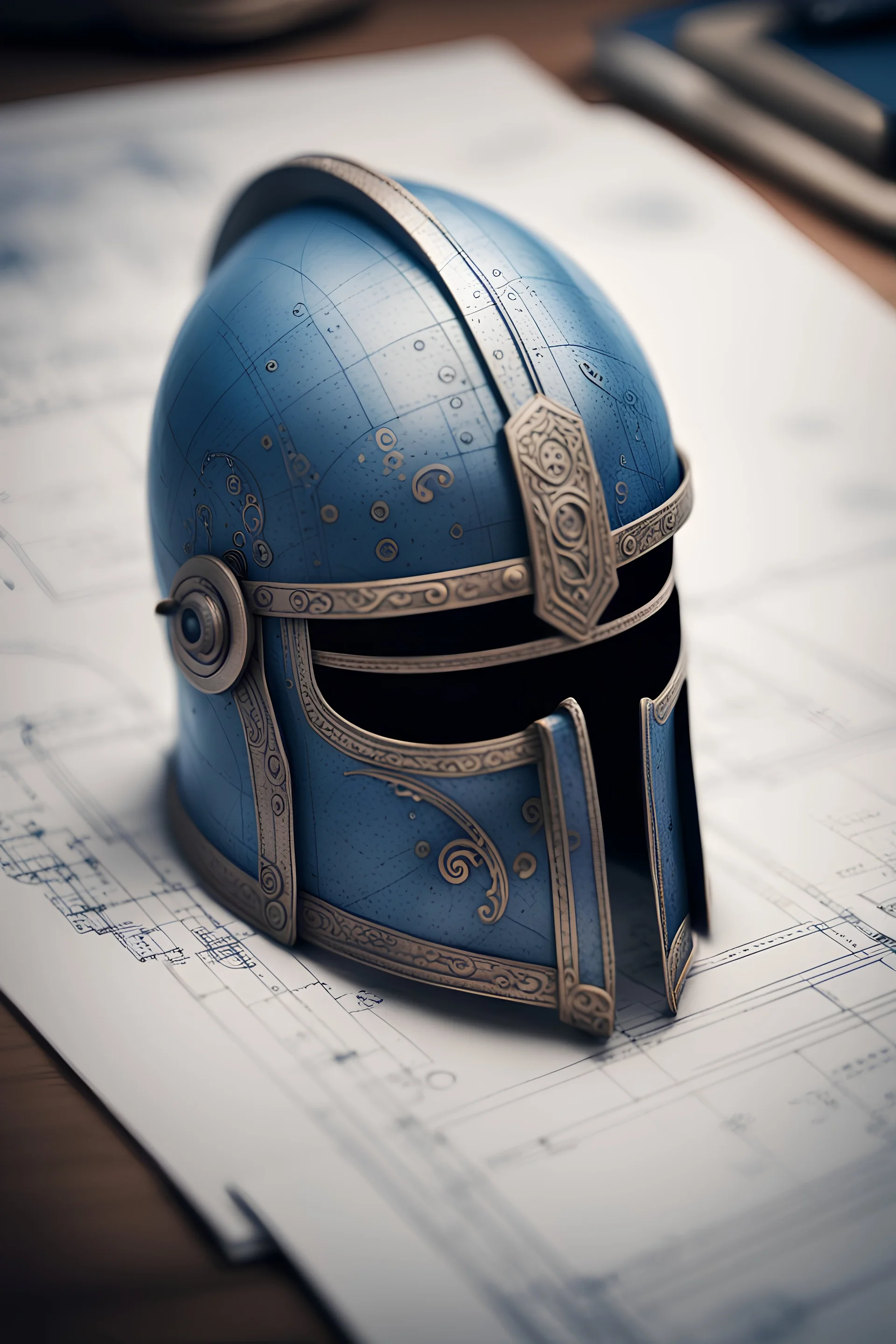 blueprint on a paper of a viking helmet, bokeh like f/0.8, tilt-shift lens 8k, high detail, smooth render, down-light, unreal engine, prize winning