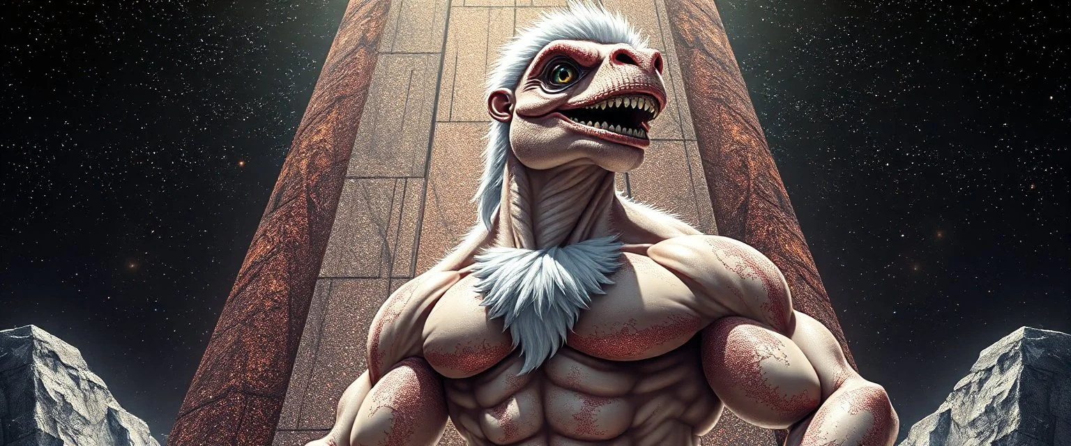 brilliant detailed full figure portrait disco glittery happy weasel fluffy muscle man dino anime in the style of Escher and Giger in front of dented marble tower of glitter