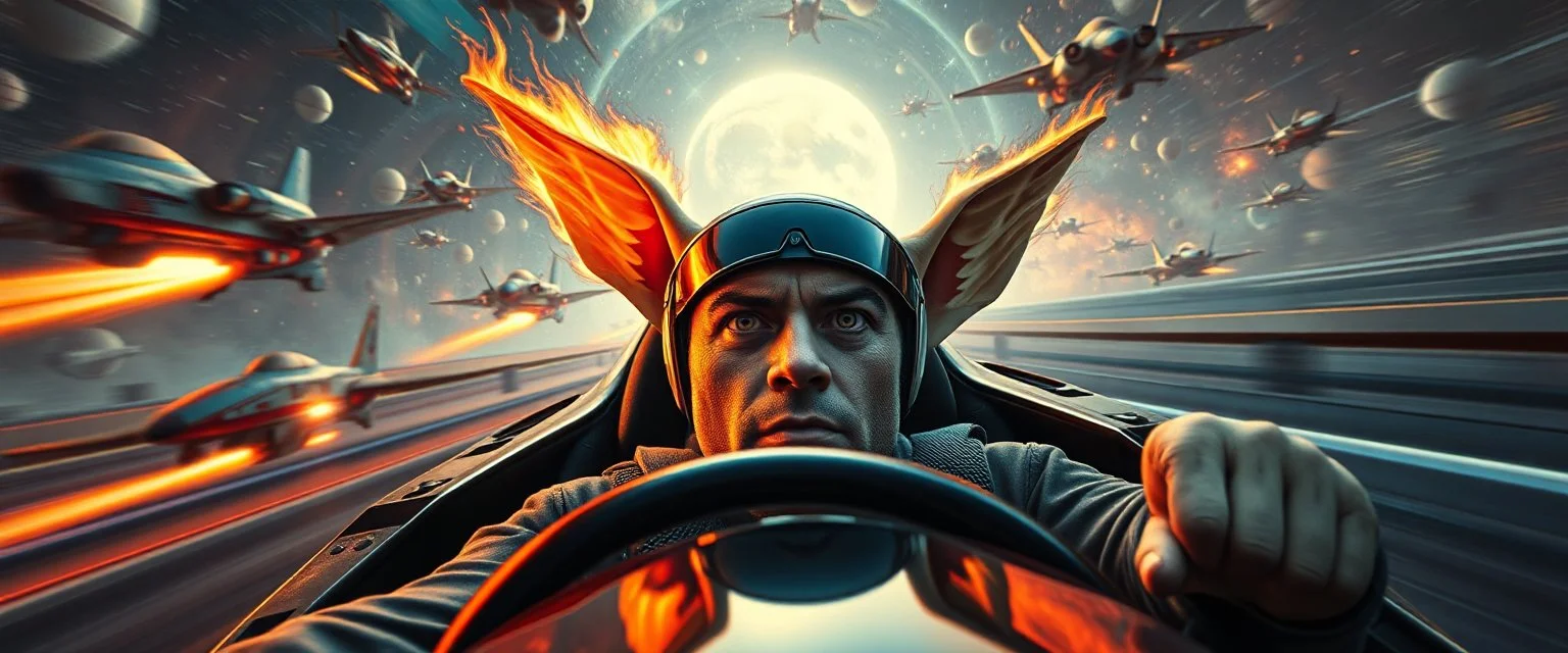 ears on fire, b movie poster, etheral astral weird perspective worried yoga vin diesel legend race car racing with huge g force against spaceships going sideways in ramp driver close up portrait of dj magic kobold gremlin farmer pilot looking down on cam, with background in the style of escher and giger, a chill contrapunctus fugue in the style of fsol, beethoven,