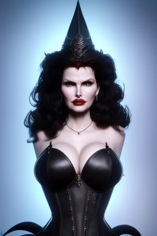 Geena Davis as evil queen in black leather, leather, busty, cleavage, angry, rage, stern look. character design by cory loftis, fenghua zhong, ryohei hase, ismail inceoglu and ruan jia. unreal engine 5, artistic lighting, highly detailed, photorealistic, fantasy