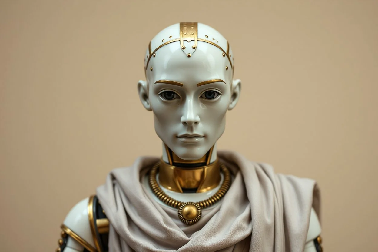 an automaton, a mechanical man, made of ivory porcelain skin, with bronze gold trims, doll-like features, dressed in classical greek clothes, empty black eyes and unexpressive face, full figure, photorealism