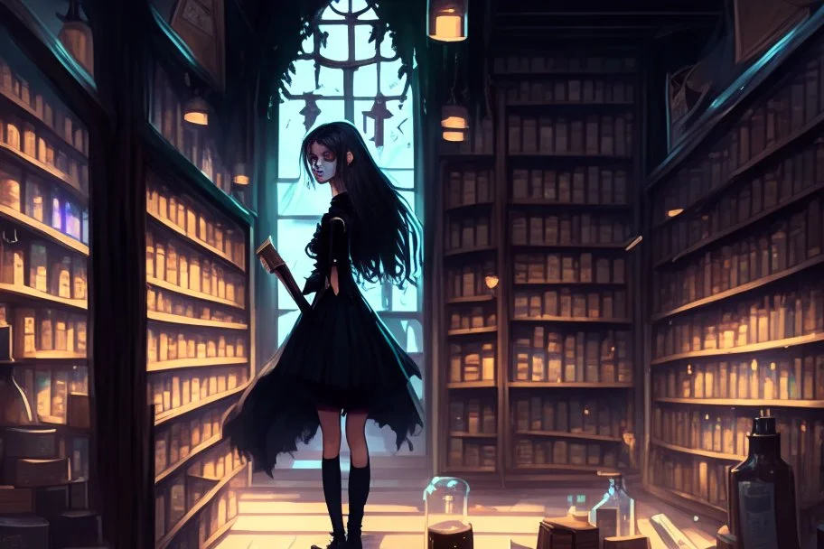 full-height shot of a young witch in a tight black short skirt, inside a large magic shop, shelving, bottles, windows