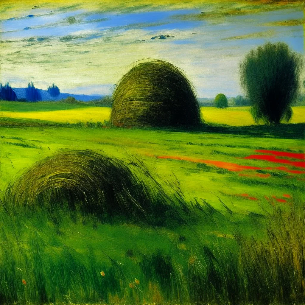 A green grassy plain filled with haystacks painted by Claude Monet