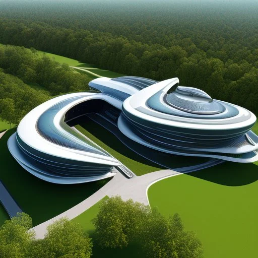 Casa campestre ecológica futurista, estilo Zaha Hadid, calidad ultra, hiperdetallada, hiperrealista, arte digital, 8k3D, vista aérea