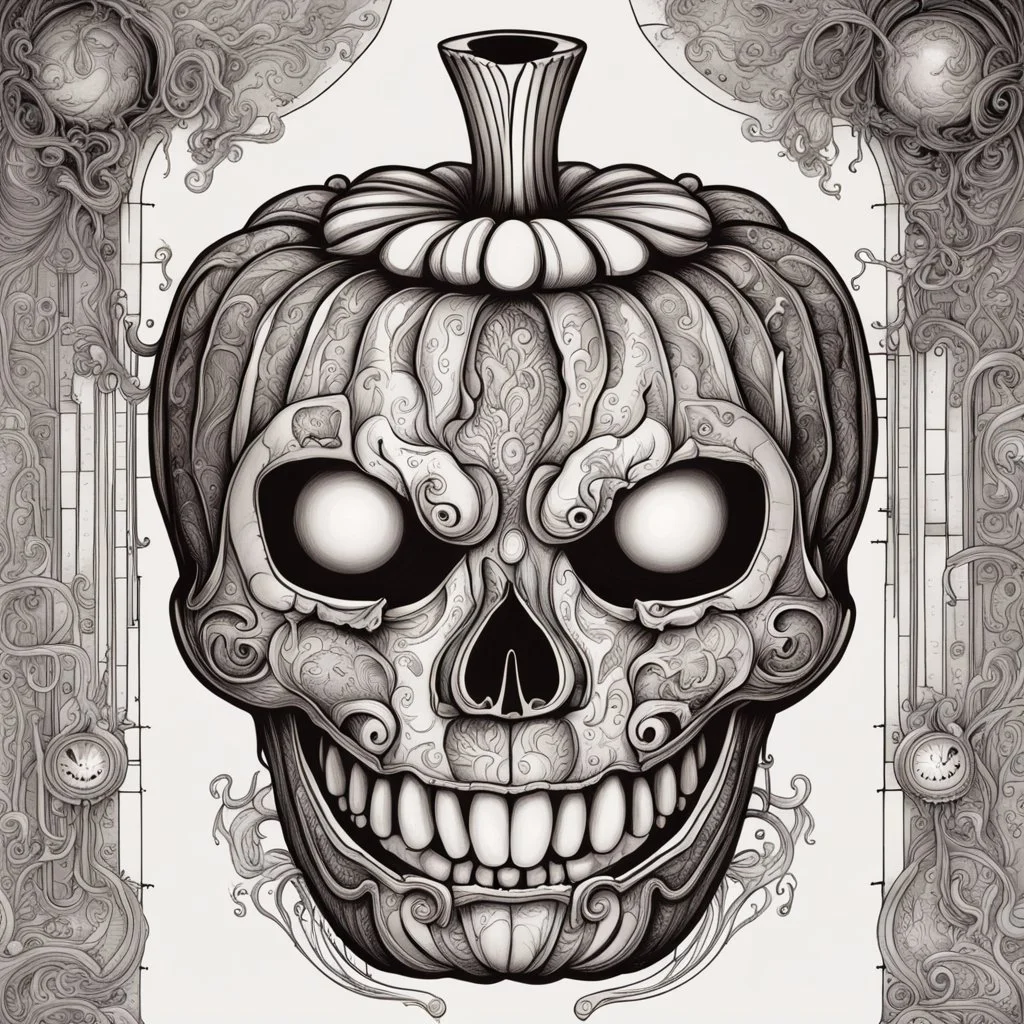 Whimsical cutaway schematics of Halloween Pumpkin jack-o-lantern, medical illustration manual; by Tim Burton, by Shawn Tan, by Dan Mumford; hyperreal; deep vibrant rich orange, black, and red color scheme; fine ink illustration, intricate complex detail, whimsical.