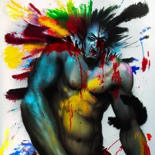 Fullbody portrait of an abstract angolic demon looking at a mirror, colorful charcoal painting, by yoji shinkawa on lsd, erratic brush strokes, sense of dread and death and blood, rough