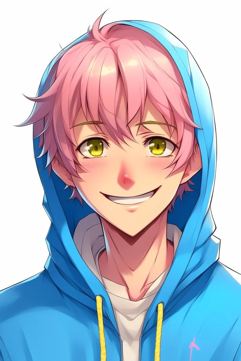 An anime man with messy short pink hair and narrow gold eyes wearing a blue hooded jacket Realistic. smiling