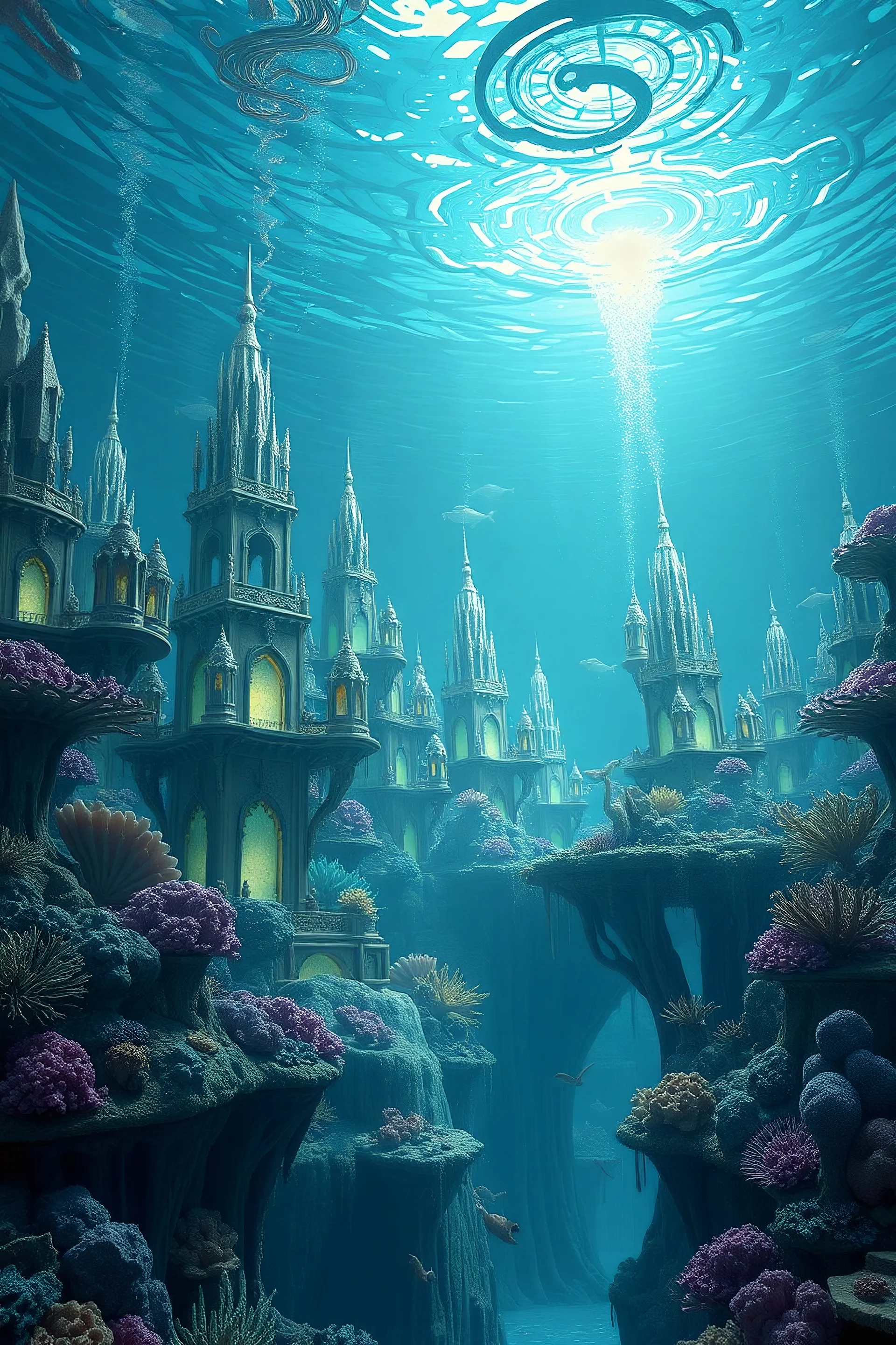 Mystical Underwater Kingdom: Imagine a hidden civilization beneath the ocean's surface, where architecture is inspired by marine life and the glowing bioluminescence of deep-sea creatures. The kingdom should be a blend of coral structures, crystal towers, and flowing aquatic elements, with a soft, ethereal light illuminating the scene