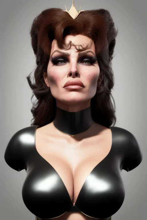 Raquel Welch as evil queen in black leather, leather, busty, cleavage, angry, stern look. character design by cory loftis, fenghua zhong, ryohei hase, ismail inceoglu and ruan jia. unreal engine 5, artistic lighting, highly detailed, photorealistic, fantasy