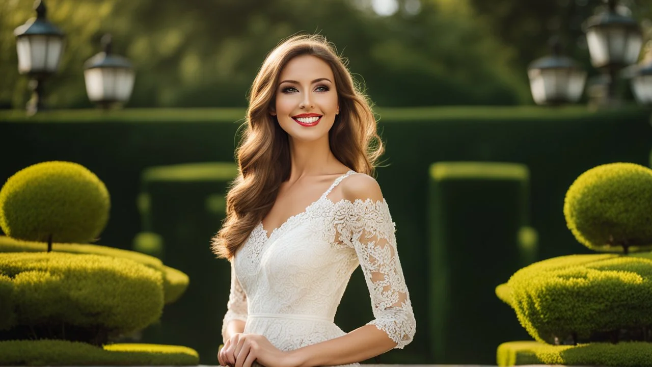 A beautiful young smiling woman in an abstract creative white lace dress, standing in an English garden. <lora:MJ52:0.6>