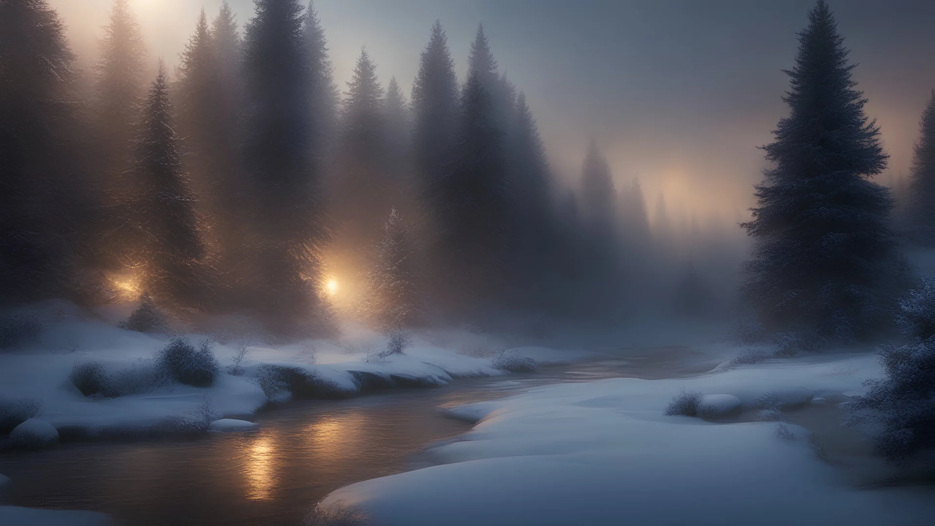 fir forest scenery, heavy mist,,creek,forest,christmas ,tree,fireflies,night,snow,fir tree,high-quality photograph,photorealistic, shot on Hasselblad h6d-400c, zeiss prime lens, bokeh , high detail, smooth render, unreal engine 5, cinema 4d, HDR, dust effect, vivid colors,night