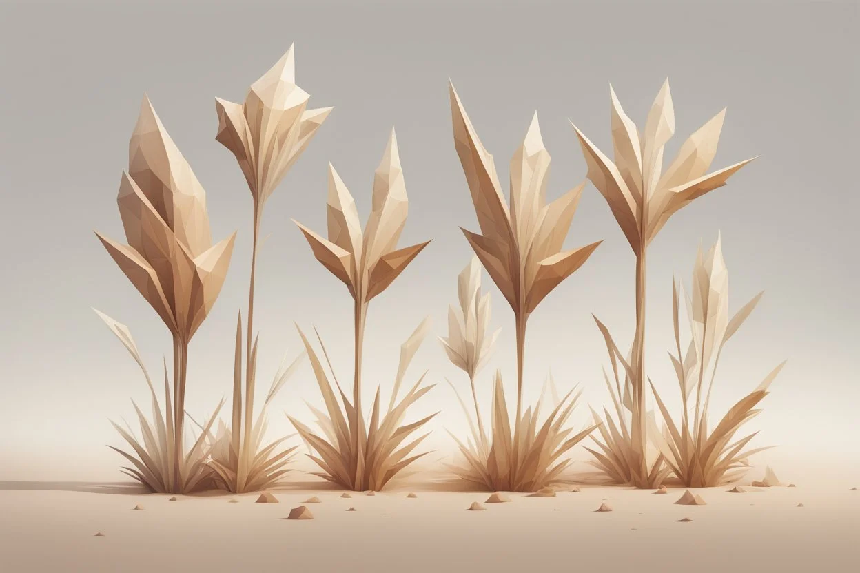 concept art of six low poly stylized alien dry single leaf tall grass on a neutral background. Strange fictional extraterrestrial flora with unusual shapes