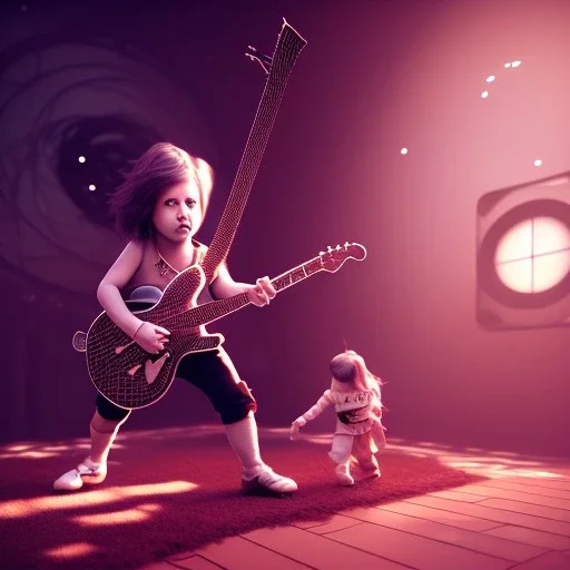 3d render, Alice Cooper toddler, full body, guitar, dramatic lighting, volumetric lighting, music studio background, hyper realistic, unreal engine 5, 8k, UHD,