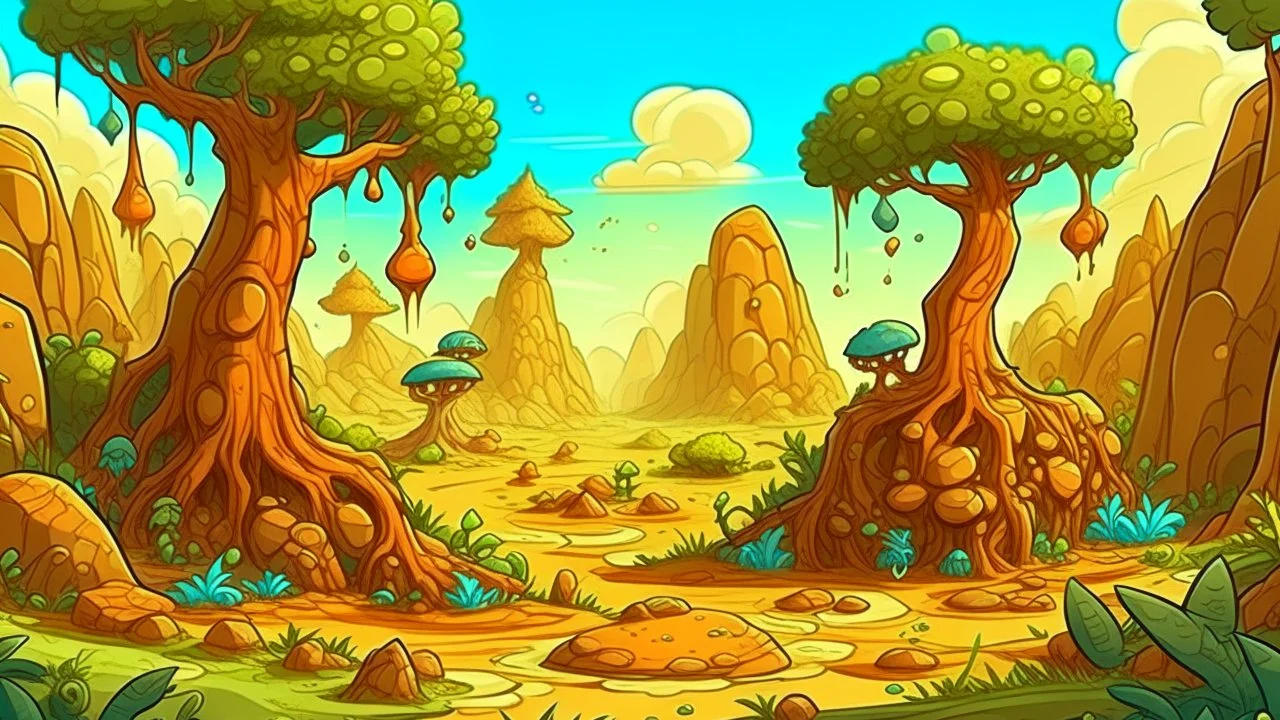 Fantasy cartoon illustration for children: jurassic millions of years ago, with towering prehistoric trees, bubbling mud pits