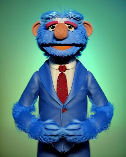 Waist up Portrait, joe Biden as muppet Sesame Street, Blue suit retro style, photo studio, city background, unreal engine 5, concept art, art station, god lights, ray tracing, RTX, lumen lighting, ultra detail, volumetric lighting, 3d.