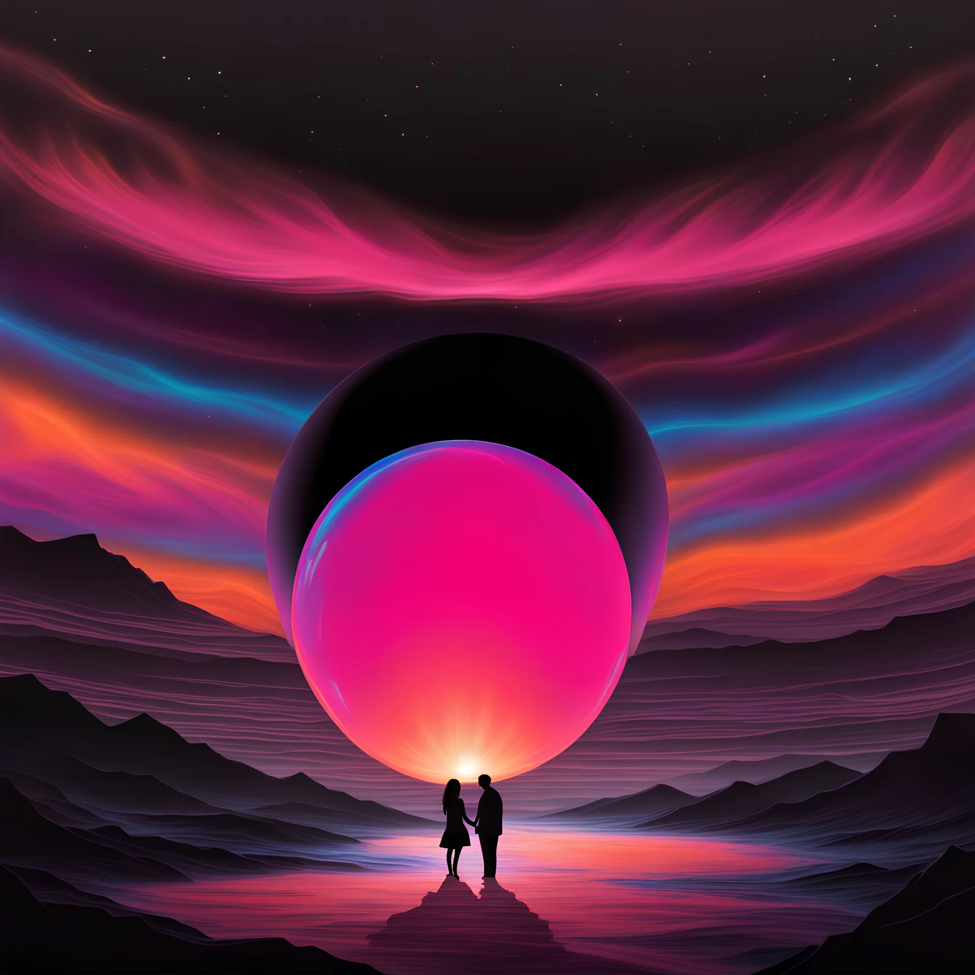 An orb composed of shimmering pink, purple, orange and blue plasma containing the silhouettes of two lovers is surrounded by a terrifying oily black void