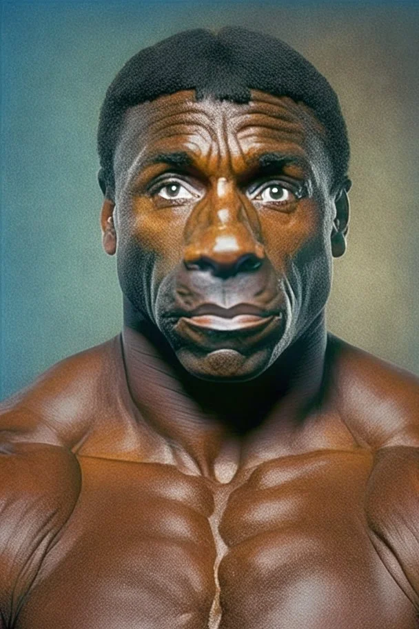 Bodybuilder Lee Haney with the face of a Rottweiler dog