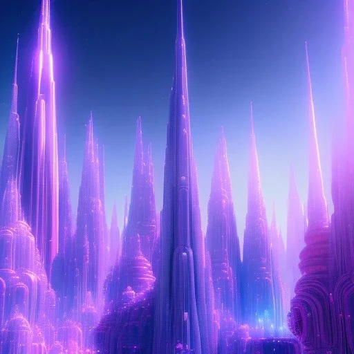 A very beautiful futuristic city, elegant, crystal edifices, atmospheric, realistic, cinematic lighting, pink blue light, 8k, galactic atmosphere, flowers