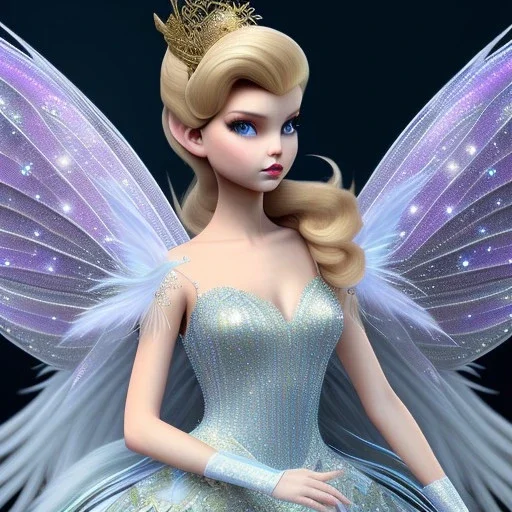 Tinker Bell fairy,detailed eyes, disturbed expression.intricate detaile,thnically accurate face, intricate head dress,intricate white fairy dress, detailed hair, detailed feathers,fairy wings use dynamic palette, accurate proportions, high contrast black smokey bokeh background. andrei bonelli style.