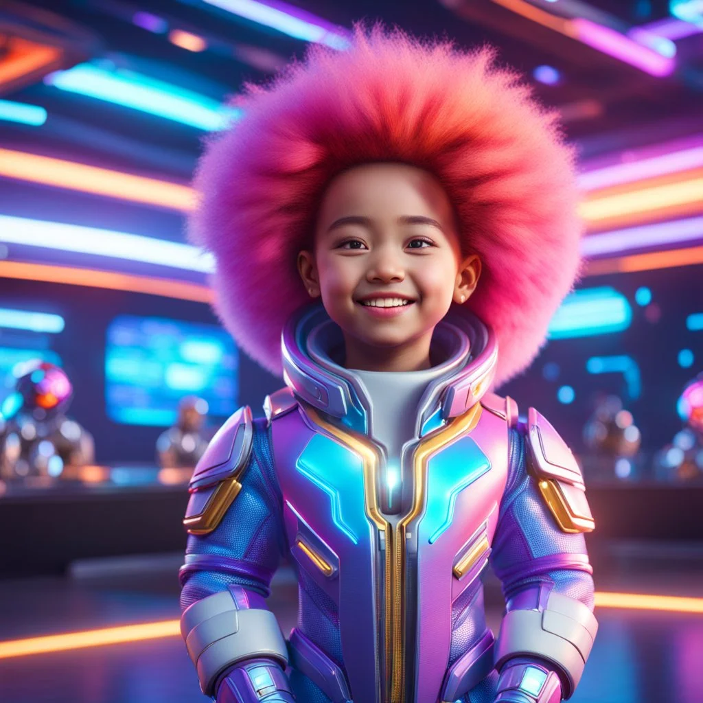 (masterpiece, best quality, 8k, RAW photo, beautiful and aesthetic:1.2), complex detail, Indirect light, photorealistic, (((full body))), Cosmic Baby corp boss style smiling, Fluffy hair, colorfull Sci-Fi environment