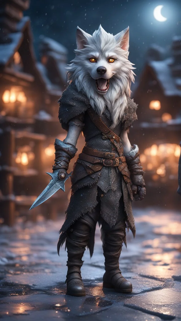 wolfs mane,moon, full figure with metallic stone gauntlets holding dark jagged dagger, standing on frozen wet tiled floor outside fantasy tavern, focused female brownie vampire gnome from worms armageddon wearing makeup, bokeh like f/0.8, tilt-shift lens 8k, high detail, smooth render, down-light, unreal engine, prize winning