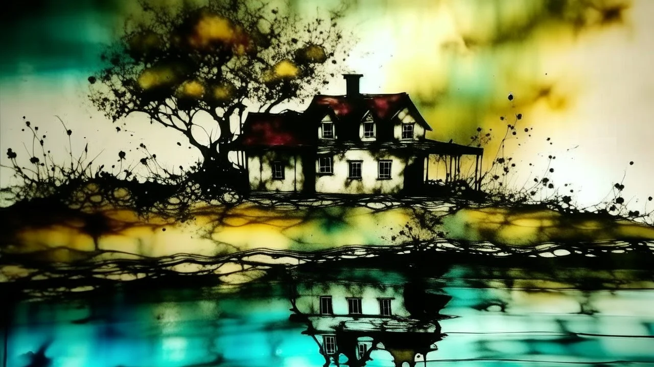 House on a lake for, Banksy, Alcohol ink