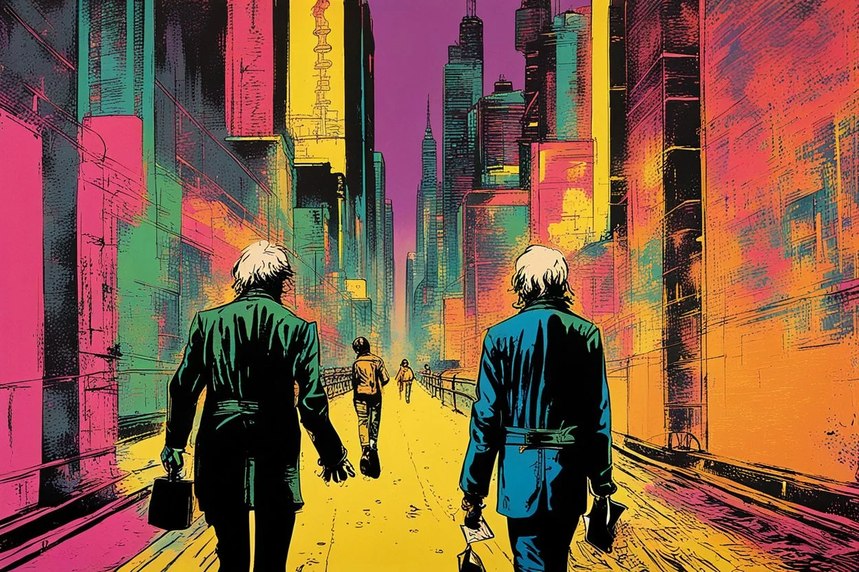 classic painting of a cyberpunk colourful walkway with two people making an exchange in the city with pollution by andy warhol