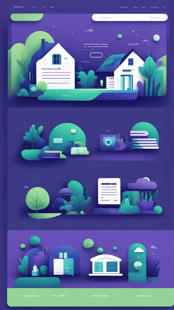 illustrations with a simple art style that show webiste's home page use dark blue-purple and bright green