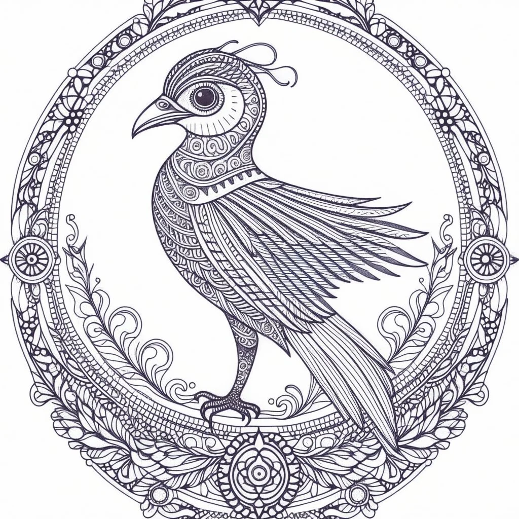 coloring page: A vector illustration of a Renaissance A majestic BIRD illustration at the center of the mandala, surrounded by intricate patterns and floral motifs painting, with clean lines and a white background for