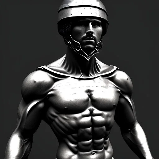 Muscular man sculpture, background = BLACK with a bit of mist, roman warrior, armor, helmet