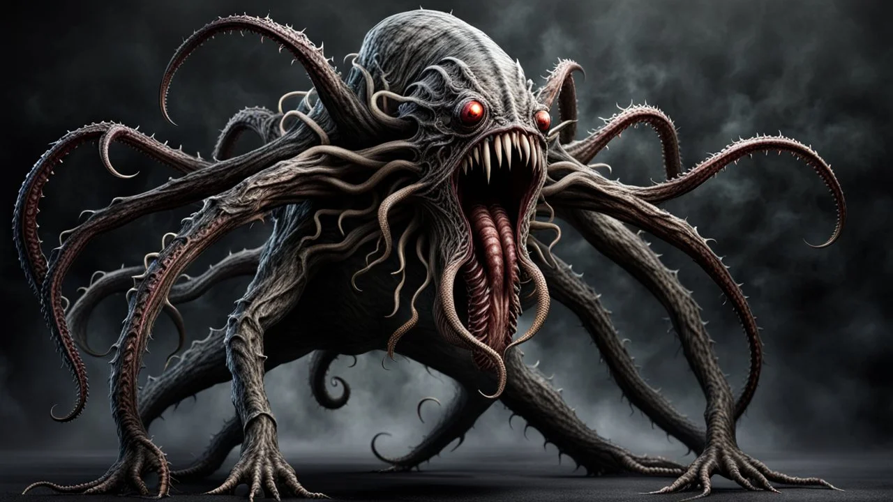 from the back a sad fantasy monster with many tentacles, sad pose, scary creature without face and without eyes, with big mouth, full length, full body without legs, very detailed, intricate insanely, Hyperrealism, photorealistic, natural volumetric light, dark fantasy style, photo style