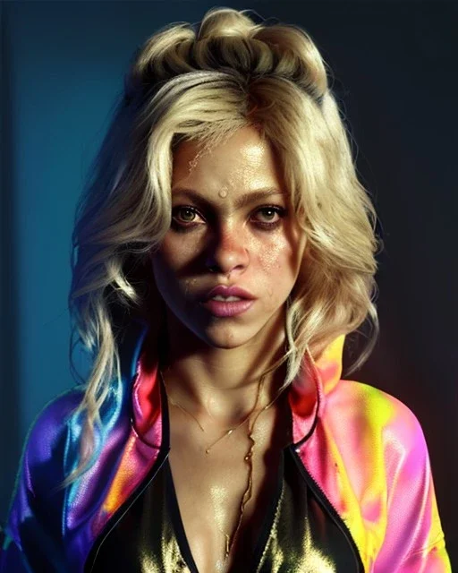 portrait, Shakira, blonde artist, angry, Realistic image, MMA robe, hoodie, mma gloves, loose long hair, eyes make up, gold line make up, moisture, sweat, fog, Neon colors, leds. Black background, photo studio, concept art, smooth, unreal engine 5, god lights, ray tracing, RTX, lumen lighting, ultra detail, volumetric lighting, 3d, finely drawn, high definition, 4k.