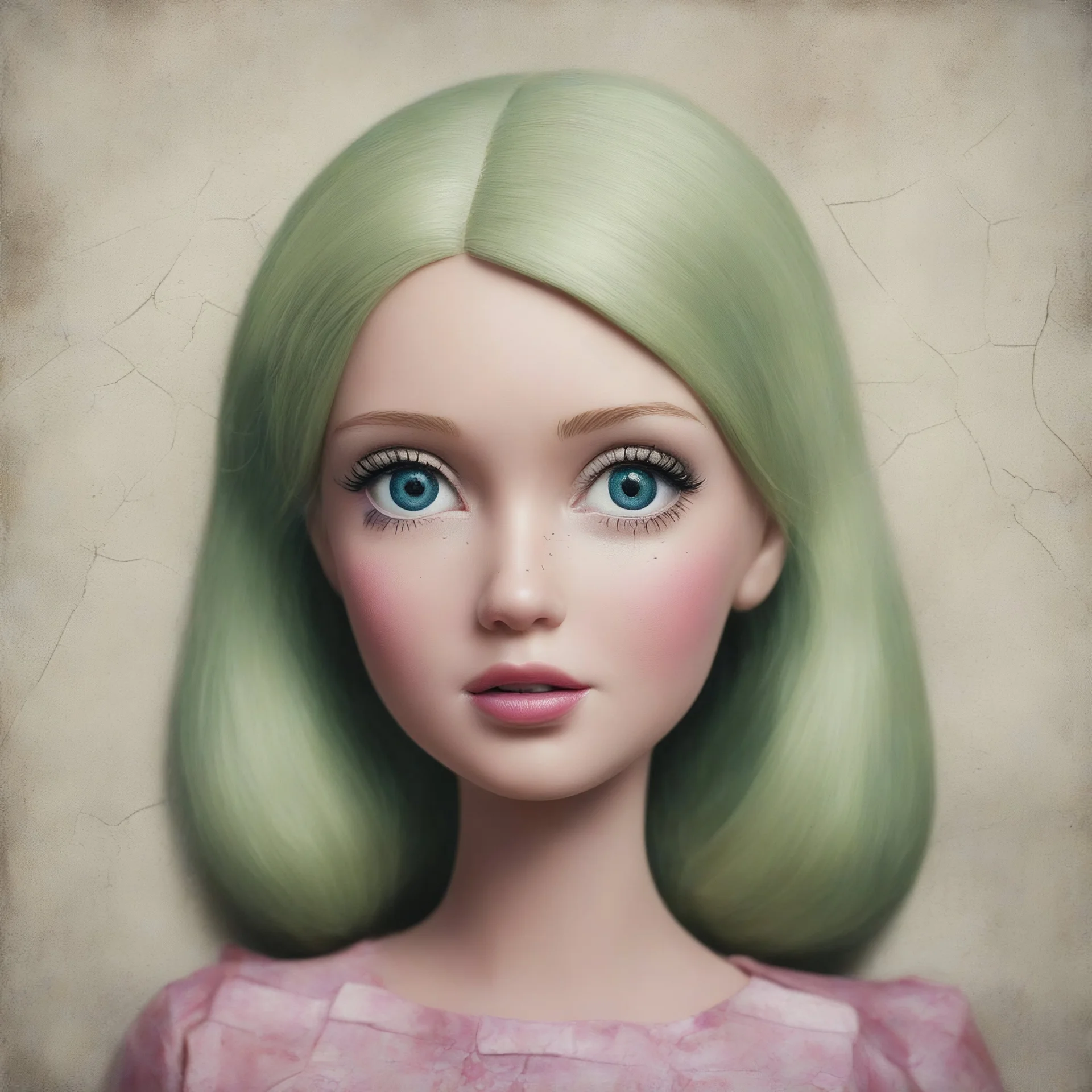 a cracked pattern oil painting of a barbie dill sitting for a portrait with a blank face, vintage style