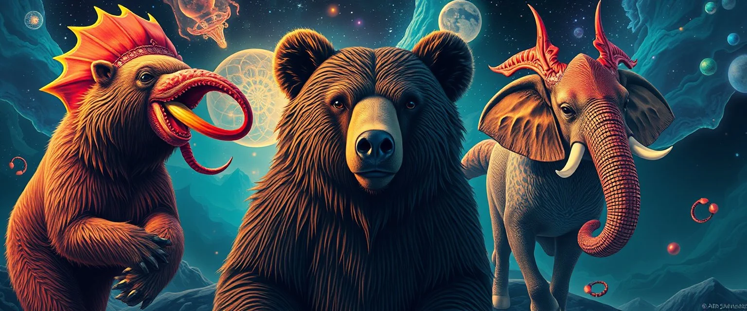 promenade portrait of a bear ant eater squid elephant horse dragon floating in 4 dimensions, goa trance movie poster, stylized art