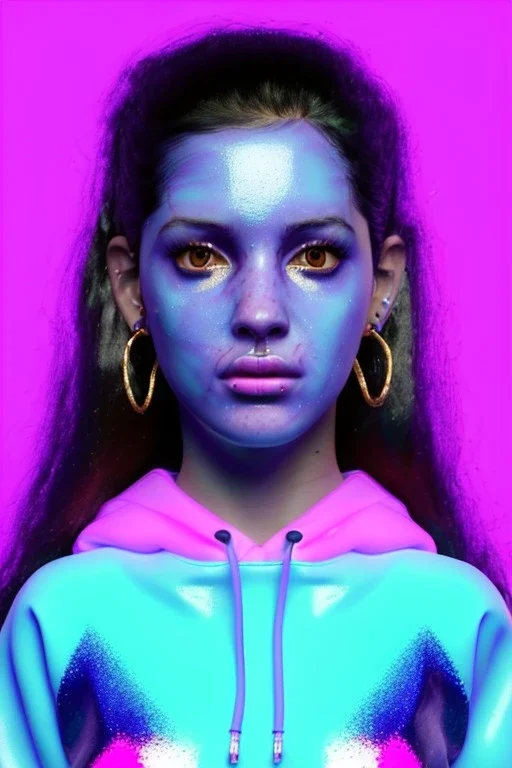 Ultra Realistic image, Rosalía artist, portrait, normal complexion, waist up portrait, long black eye line, sweet face, t-shirt with holes, inflatable hoodie, gold pink and blue style, spray glow make up, geometric led jewelry, fog, hot, inflatable style latex coat, vibrant color, highly detailed, art stations, concept art, smooth, unreal engine 5, god rays, ray tracing, RTX, lumen lighting, ultra detail, volumetric lighting, 3d, finely drawn, high definition, high resolution.