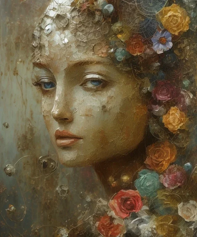  an abstract painting of rusted metal and flowers, scaffolding, iron cladding, decay, mixed media, textured, anatomically correct, beautiful perfect face, sharp focus, highly detailed, injured face