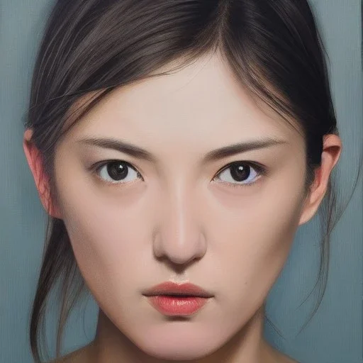  100 % modern conceptual art ,hyper realistic fine art portrait oil painting by Fumi Koike and Jen Mann and Kris Knight of a very beautiful 20 year old woman , front view centered symmetrical composed and cinematic side lighting hyper-realistic detailed shading and shadows, precise brushstrokes and subtle blended variations in skin color temperature, perfectly proportioned symmetrical facial features, hyper detailed dark eyes with dark circles, cgsociety, trending artforum, octane render