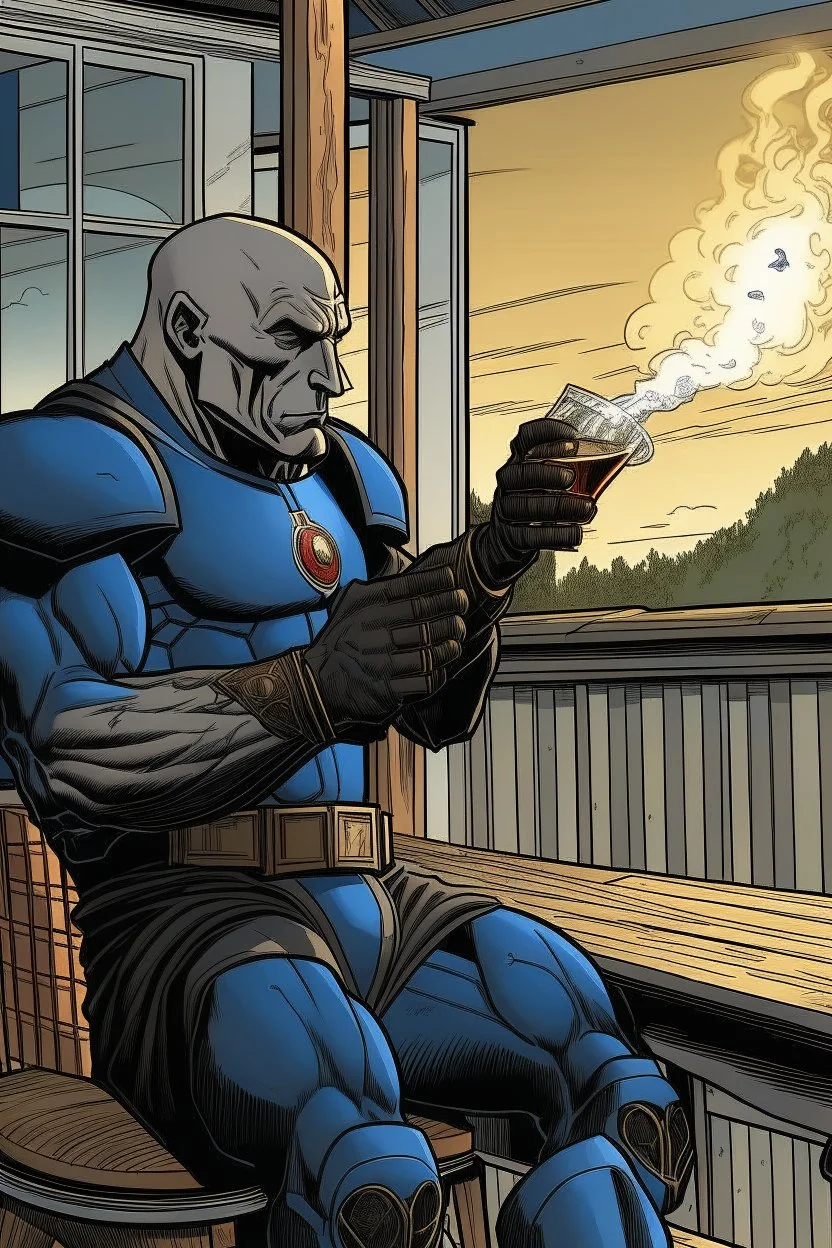 Darkseid smoking a cigar and drinking a glass of whiskey on the porch of the house.