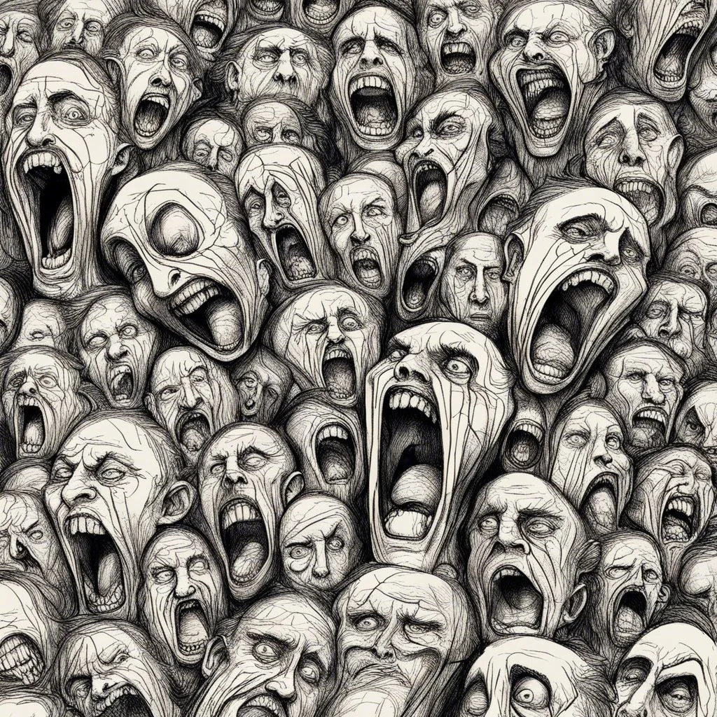 sketch line, rought, of faces on a pages, screaming and sad, demented, mad, journal