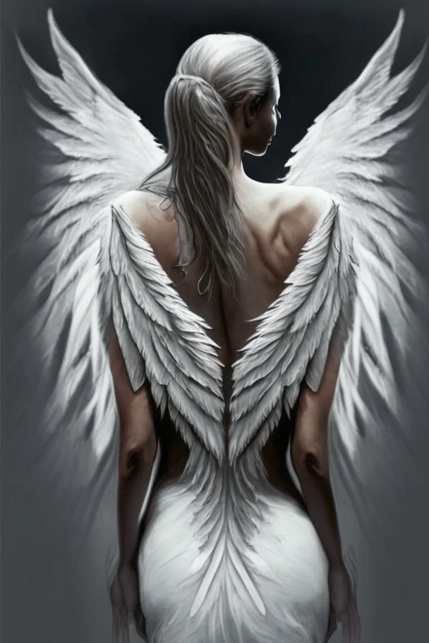 full body woman angel from back wings coming from back of her shoulders ultra realistic illustration