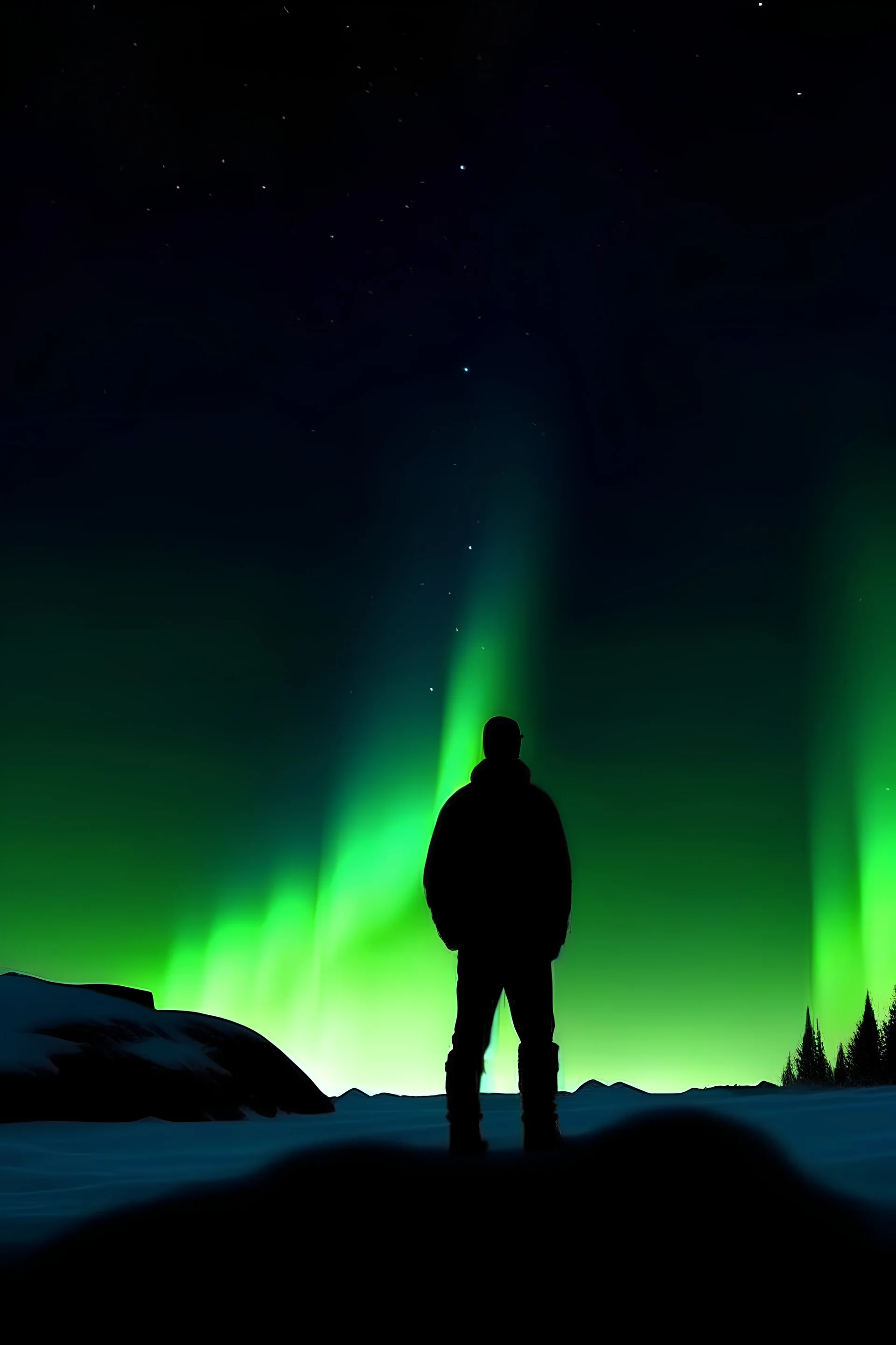 silhouette of a man looking into distance under northern lights